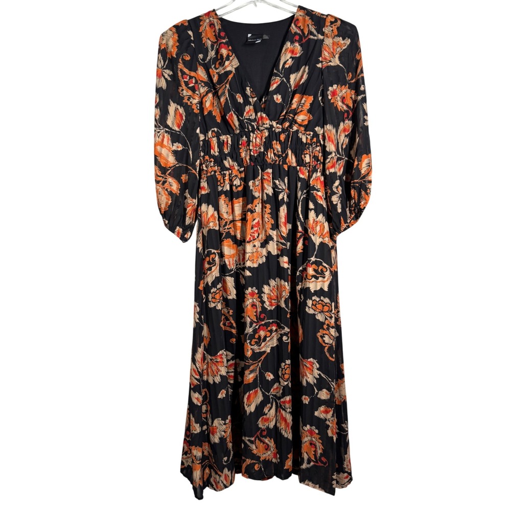 Maison Tara Dress Floral Print Midi Long Sleeve V Neck Black‎ Orange Size 6
